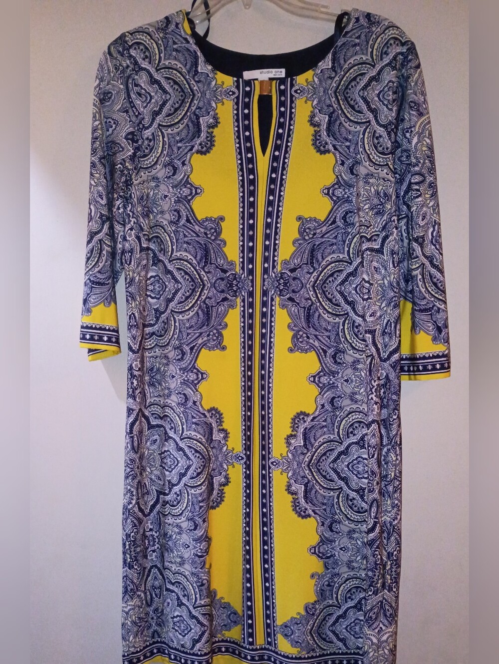 Studio One Yellow and Blue Paisley Midi Sheath Dress